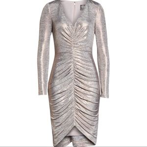 Vince Camaro ruched metallic long sleeve cocktail dress in bronze-size 8